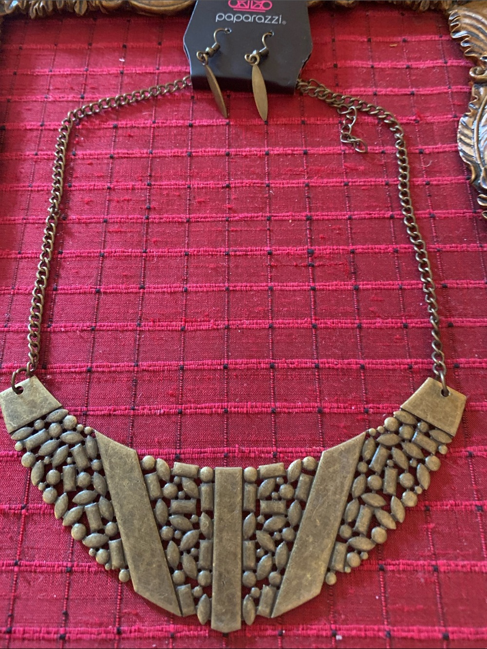 paparazzi Antique Gold Geometric Bib Necklace and Earrings